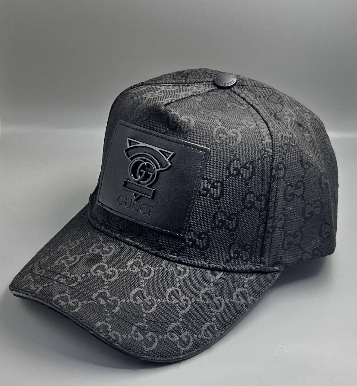 (DUPE) Gucci GG Monogram Leather Patch Cap - Black/Grey
