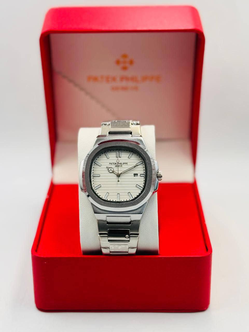 Stainless steel watch with white dial in red gift box