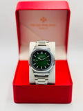 Stainless steel watch with green dial in red presentation box