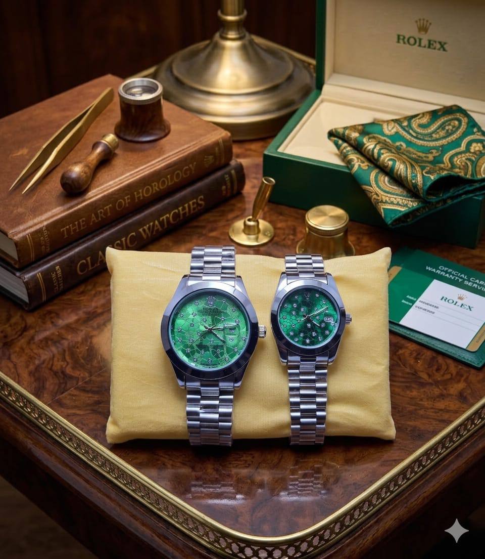 Rolex dupe couples watch set with green dials on stainless steel bracelets, shown with luxury packaging and presentation box.