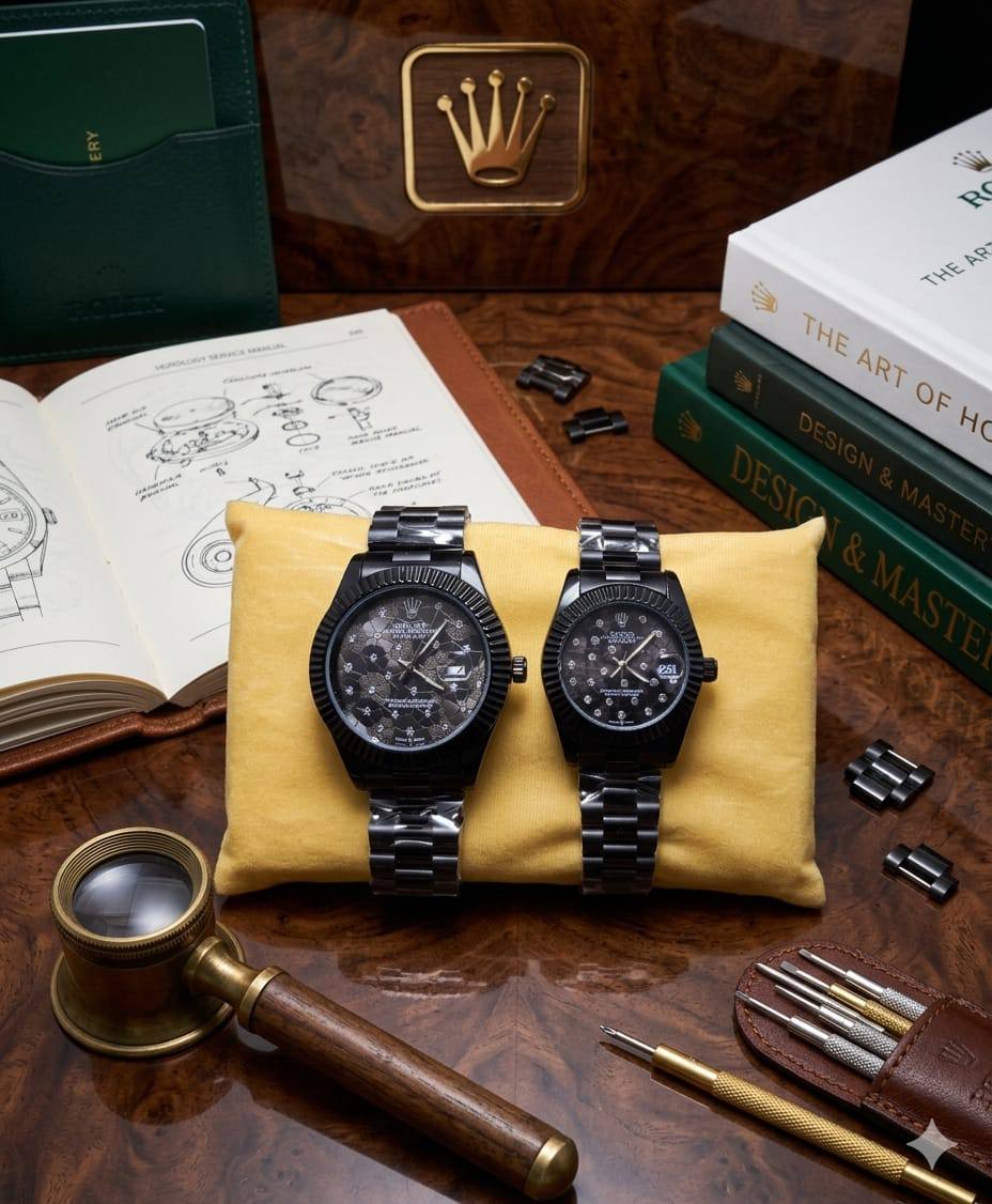 Rolex dupe black stainless steel couples watch set with tools, books, and accessories