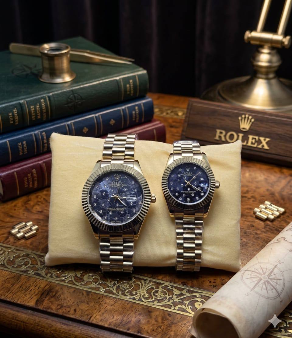 DUPE Rolex gold couples watch set with blue dials and metal bracelets, displayed on a cushion with classic decor