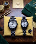 DUPE Rolex black couples watch set with patterned dials on yellow cushion